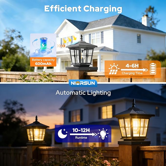 NIORSUN Solar Post Lights Outdoor, Fence Post Solar Lights with 3 Color Temperatures, Edison LED Bulbs Garden Patio Fence Deck Decor, 4x4 Posts Caps, 4x4, 5x5 Wooden & Vinyl (2 Pack,Black)