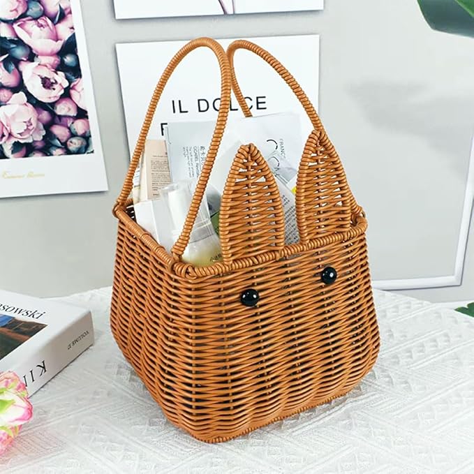 Picnic Basket, Garden Harvest Basket, Wicker Shopping Baskets with Foldable Handles, Reusable Handwoven Market Baskets for Carrying Shopping Storage Gathering (Brown, Bunny Ears)