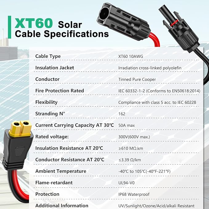 10AWG XT60 Solar Cable 50FT, XT60 Cable to Solar Connector, Solar Cable Connector to XT60 Extension Cable, XT60 Solar Charging Cable for Portable Power Station Solar Generator