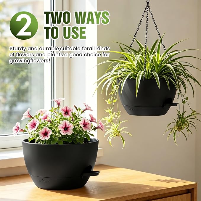 12 Inch Self Watering Hanging Planters, 2 Pack Plastic Plant Pots | Sturdy lightweight pot with side watering lip, drainage holes, snap-on detachable tray & hanging chain for easy care