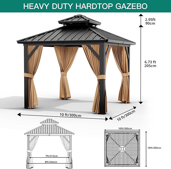 10'x10' Hardtop Gazebo, Heavy Duty Aluminum Permanent Hardtop Gazebo Outdoor Pavilion with Curtains and Netting for Garden