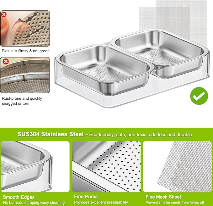 FANHAO Upgraded Visual Seed Sprouter Tray, Stainless Steel Soil-Free Cultivation Germination Tray with Acrylic Base, Healthy Microgreens Growing Kit for Indoors Sprouting Seeds, Grow Grass, Beans