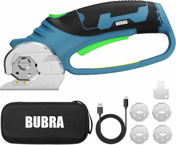 Cordless Electric Scissors 4V Rechargeable Cardboard Cutter with 4 SK5 Blades, 2000mAh Battery, LED Light, Electric Box Cutter 1/3” Cutting Capacity Power Cutter for Fabric Carpet Leather - Blue