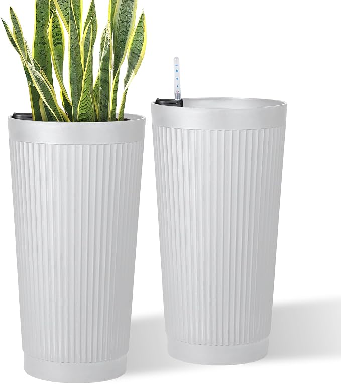 24in Tall Self-Watering Planters Set of 2, White | Water level indicator, Self-watering irrigation system, Non-toxic PP plastic, Weather Resistant, Indoor Outdoor Use