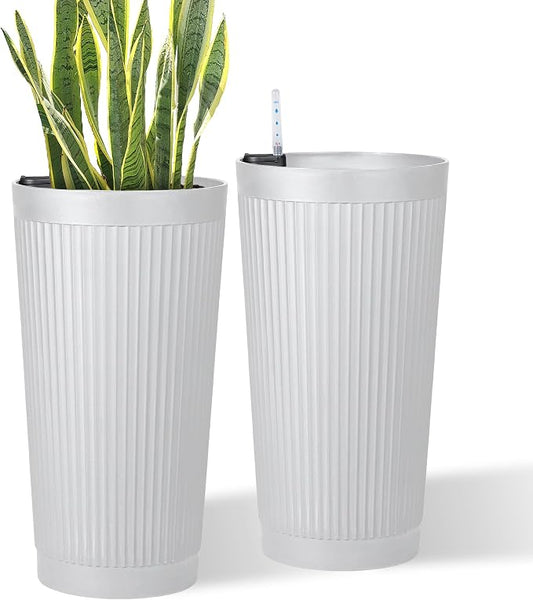 24in Tall Self-Watering Planters Set of 2, White | Water level indicator, Self-watering irrigation system, Non-toxic PP plastic, Weather Resistant, Indoor Outdoor Use
