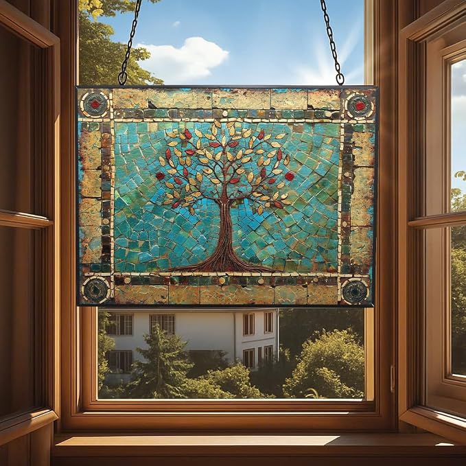 Rectangle Tree of Life Stained Glass Window Hanging Sun Catcher Halloween Haning Ornament Decoration Christmas Birthday Gifts for Lover Friends Mother