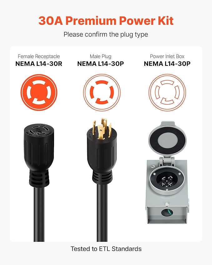 VEVOR 30 Amp Generator Cord and Power Inlet Box, 100 FT, 125/250V NEMA L14-30P to L14-30R Heavy Duty Extension Power Cord, SJTW 10AWG 7500W, Pre-Drilled Inlet Box, for Generator to House, ETL Listed