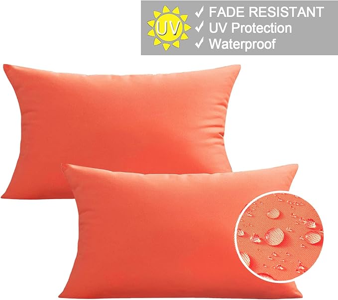 VAKADO 12x20 Outdoor Waterproof Throw Pillow Covers Set of 2 Decorative Outside Patio Furniture Cushion Cases Decor for Garden Bench Porch Couch Tent,Orange