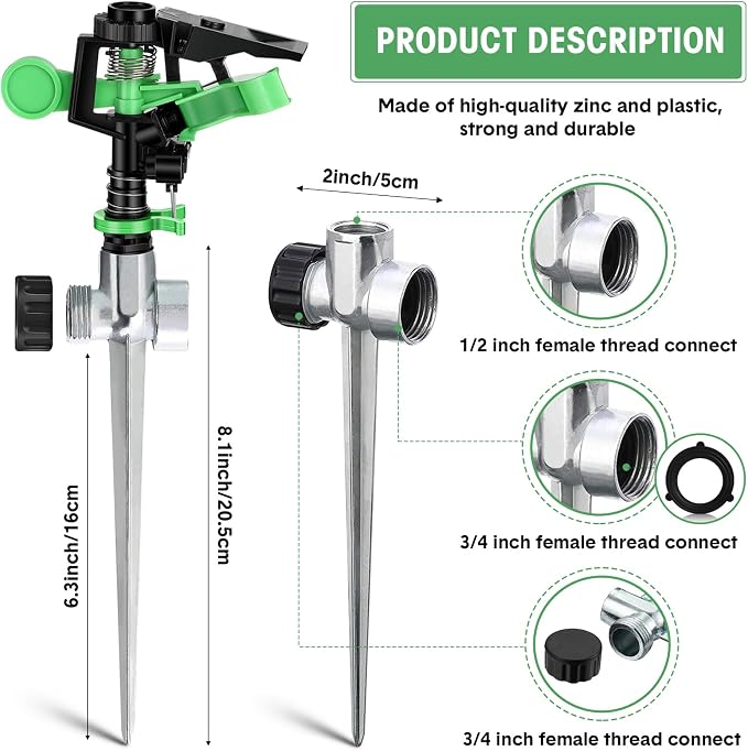 Chengu 4 Pcs Impact Lawn Sprinkler for Yard Heavy Duty Water Plastic Sprinkler Head with Zinc Alloy Spike Base Adjustable 360 Degree Pulsating Sprinklers for Large Area Yard Lawn Garden Irrigation