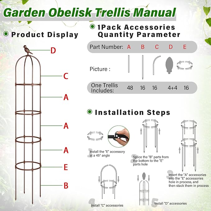 Sadnyy 4 Pack 6 ft Garden Obelisk Trellis for Climbing Plants Outdoor- Heavy Duty Rustproof Metal Pipe with Plastic Coated Plant Trellis for Clematis Grape Pea Vines Tomatoes Cucumbers Flowers(Brown)