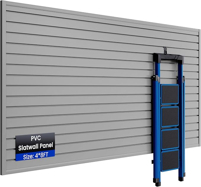 SMARTSTANDARD Heavy Duty PVC Slatwall Panels 4x8 ft, Interlocking Garage Wall Organizer System, Tool Board for Retail Display, Workshop & Home Storage - Gray