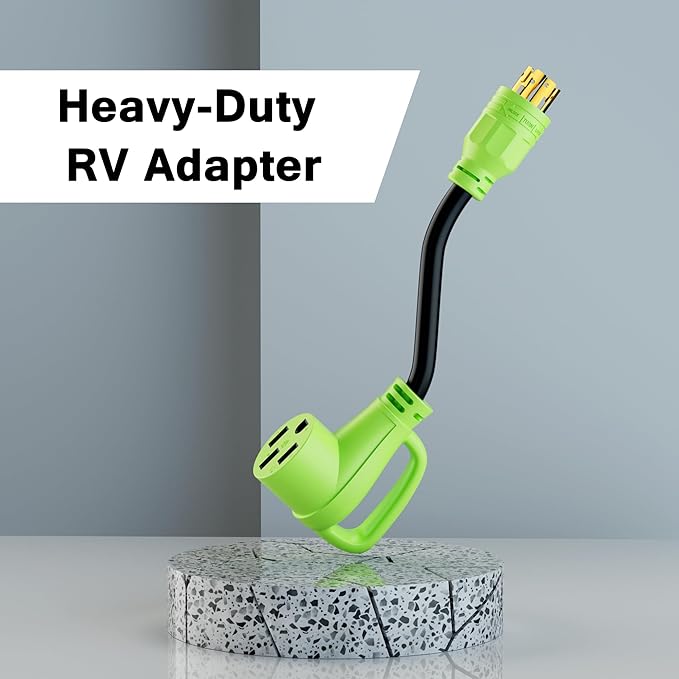 4 Prong 30 Amp to 50 Amp Generator to RV/EV Adapter Cord, NEMA L14-30P Twist Lock Male Plug to NEMA 14-50R Female Receptacle with Handle, STW, 10AWG, Adapter for RV and EV Level 2 Charging, 1FT, Green