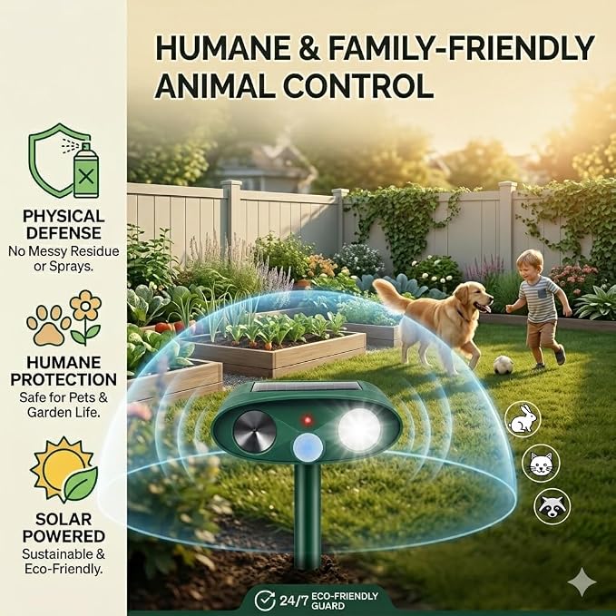 2 Pack Sonic Fortress Pro Deer Repellent Solar Ultrasonic Animal Repellent Outdoor Cat Deterrent with Motion Sensor Strobe Light for Rabbit Raccoon IP65 Waterproof Squirrel Repellent for Yard Garden