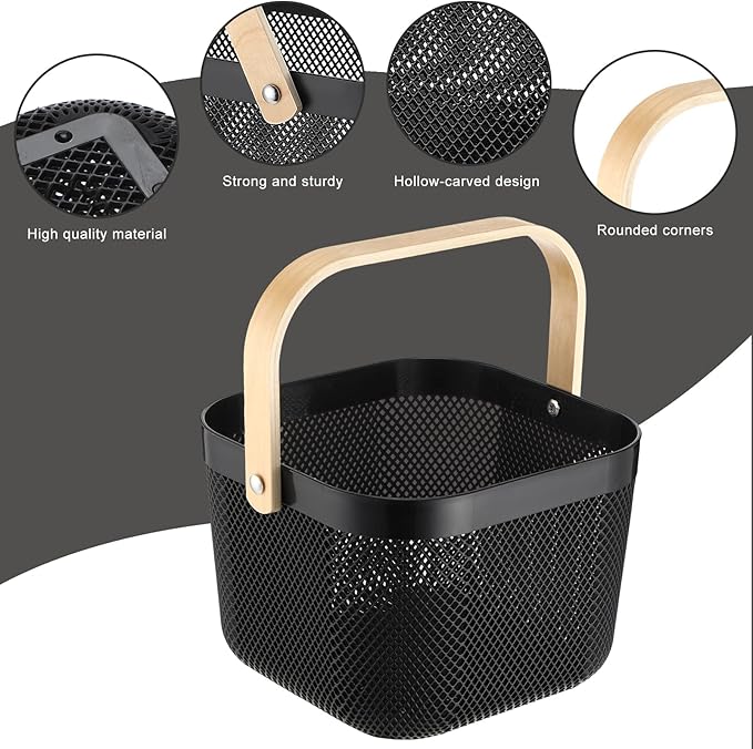Roshtia 6 Pcs Plastic Mesh Storage Basket with Handle 9.8 x 10.2 x 7.1 Inch Garden Harvest Storage Basket Multi Functional Hanging Organizer for Kitchen Bathroom Picnic Cabinet Home(Black)