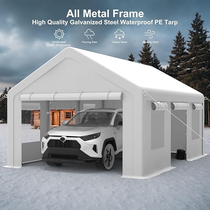 12x20FT Portable Garage, 12'x20' Carport Heavy Duty, Galvanized Frame & 180 g PE Waterproof Canopy, with 4 Doors (Included 2 Side Doors), and 4 Windows, for Pickup Truck, and Boat