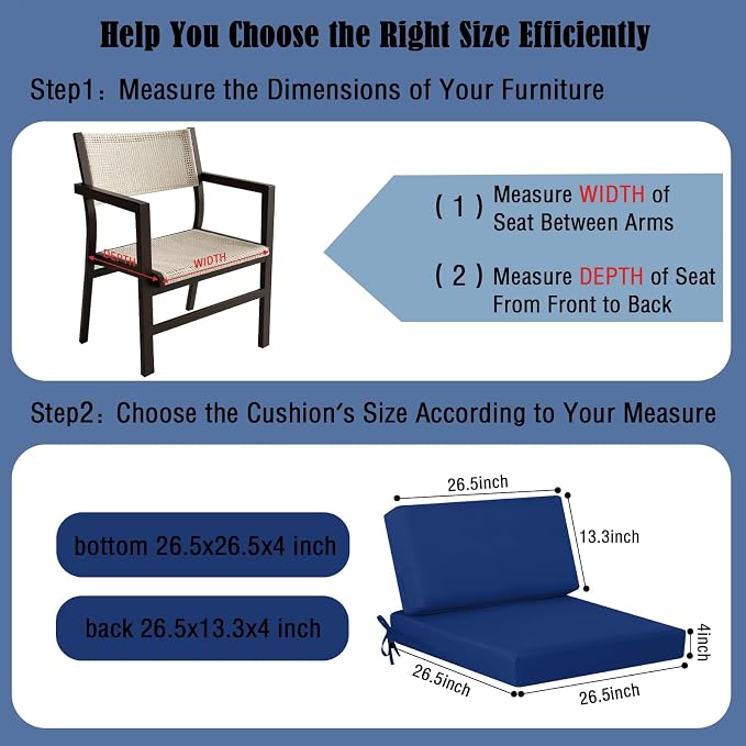 idee-home Outdoor Cushions for Patio Furniture, Outdoor Seat Cushion, Waterproof Couch Hampton Bay Deep Seat Replacement Chair Cushions for Garden Lawn Backyard Deck, 26.5 x 26.5 Navy Bue | Waterproof Hampton Bay Deep Seat Replacement Couch Cushions fo...