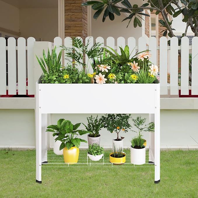 PROXRACER Raised Garden Bed with Detachable Legs Elevated Metal Planter Box for Growing Fresh Herbs Vegetables Flowers Succulents&Other Plants for Outdoor Backyard Patio Deck Balcony White L