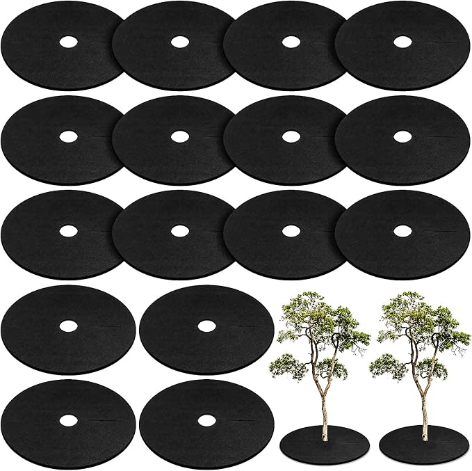 Whaline 32.2 Inch Non-Woven Tree Mulch Ring Thickened Tree Protector Mat with 12 Staples Stakes Reusable Anti Grass Fabric Weed Barrier for Garden Landscape Weed Control Root Protection, 8 Pcs