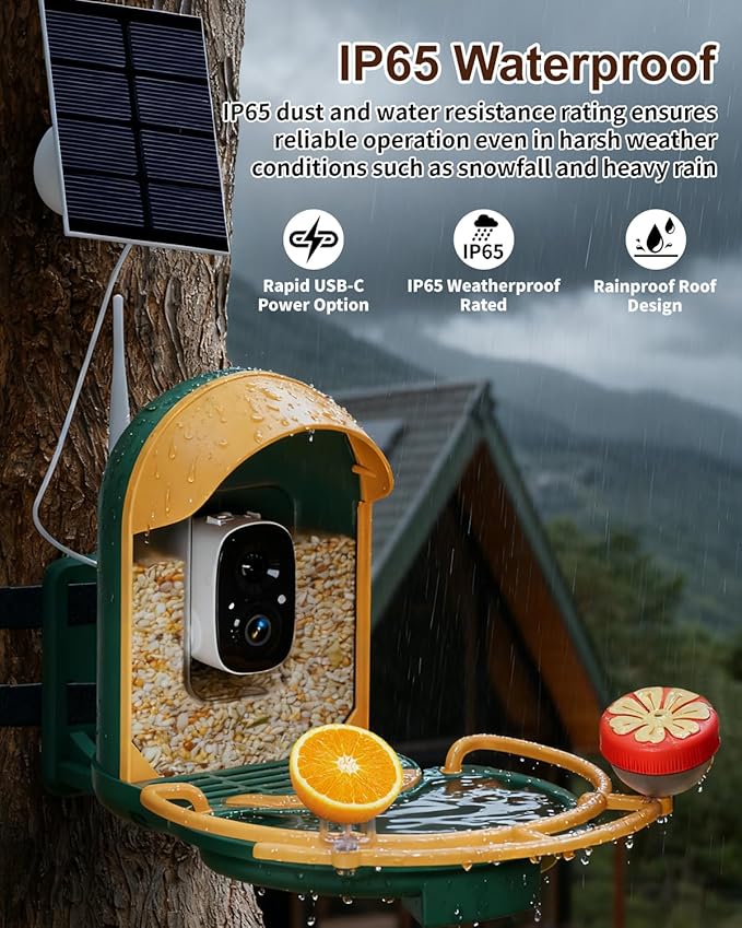 Bird Feeder with Camera, 2K HD Camera Birds Feeder with Bath Wireless Outdoor, Solar Powered Bird Watching with APP Control, Night Vision, Motion Detection Alerts, Birdfeeder for Backyard, Dark Green