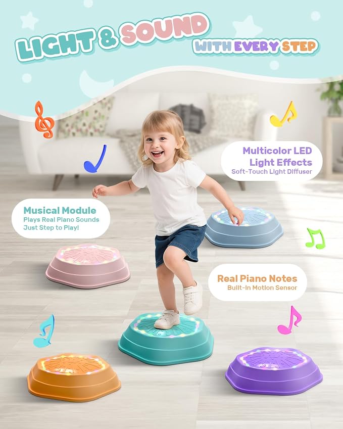 Holyton Musical Light Up Balance Stones for Kids, 5 Pack Sensory Stepping Stones with Rechargeable Batteries, Non-Slip Toddler Balance Toys for Ages 3-8, Indoor Outdoor Active Play, Pink