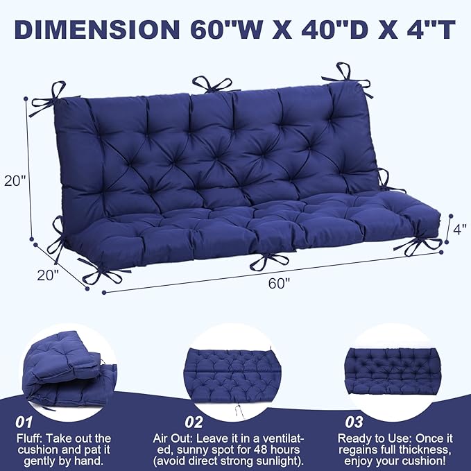 EverPine Outdoor Swing Cushion Replacement Patio Bench Cushion Waterproof Thick Seat Pad for Porch Swing Daybed Garden Sofa Furniture (Navy Blue)