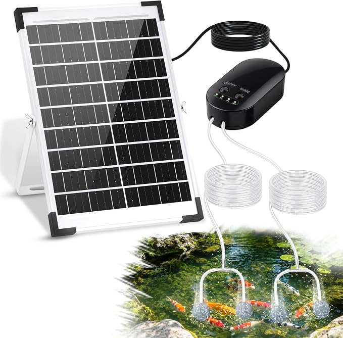 15W Solar Pond Aerator, Solar Air Pump with 3 Working Modes, 22H/55H/110H Long Runtime, Dual Air Outlets Quiet Solar Aerators for Pond, Fish Tank, Hydroponics