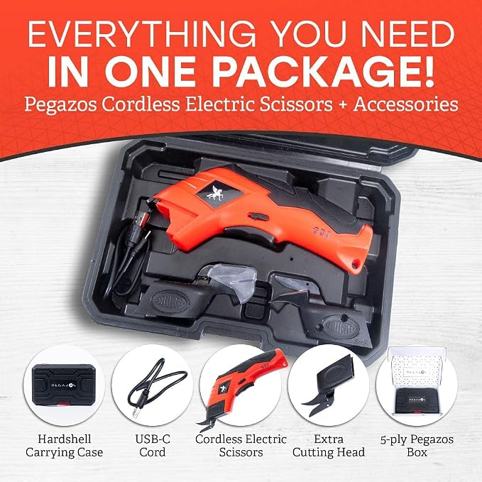 Cordless Electric Scissors - Rechargeable Cutting Tool for Fabric, Cardboard, Plastic, Paper, Leather - Detachable Blade, Ergonomic Grip, Safety Lock - Includes 2 Extra Cutter Head & USB Cable