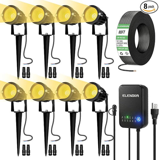 Elenora All-in-One Low Voltage Landscape Lighting Kit, 6W Landscape Spotlights with 80W Transformer & 80FT Wire & Connectors, 2700K Warm White LED Spot Lights Waterproof for Yard Garden Tree, 8 Pack