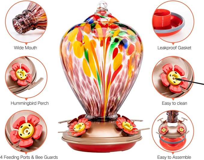 Muse Garden Hummingbird Feeders for Outdoors Hanging, Blown Glass Hummingbird Feeder, Humming Bird Gifts for Mom, Garden Decor for Outside, Unique Gifts Idea for Women, 34OZ, Purple Tulips | Muse Garden Hummingbird Feeders for Outdoors Hanging, Blown G...
