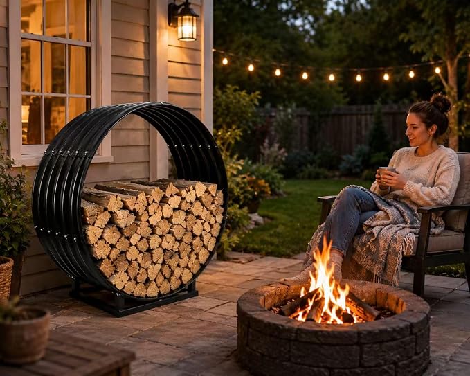 32" Firewood Rack with Roof Cover, Indoor & Outdoor Log Holder Keeps Firewood Dry, Clean & Organized for Fireplace, Patio & Backyard, Heavy-Duty Steel Wood Storage Rack, 500LBS Capacity
