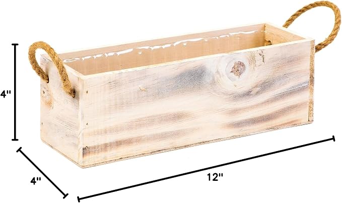 Wooden Planter Box with Handle I Rustic Whitewash I Plastic Liner l Garden Decor l Restaurant and Wedding Decorations l Table Centerpiece (12x4 w Handle Set of 4, Whitewash)