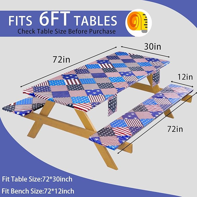 Fitted Waterproof Picnic Table Cover with Bench Covers Elastic 72×30Inch Weather Proof Non Slip Camping Table Clothes for 6Feet Rectangle Tables Campers Summer Fall Travel Hiking Tools Gifts