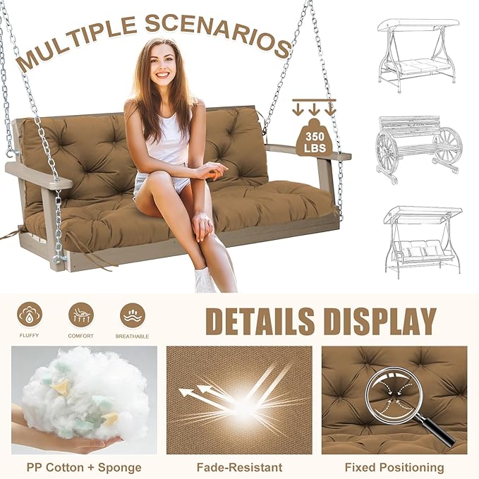 Porch Swing Cushions Outdoor 48 inch x 40 Waterproof Swing Cushions 3 Seater Replacement with Backrest & 8 Ties 5" Thick Bench Swing Cushions for Outdoor Furniture Patio(Brown)