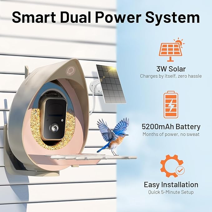 Bird Feeder with Camera Solar Powered, Smart Birds Feeder for Outside, AI Bird Identification Auto Capture Videos Pictures, 2K Live Feed Cam for Backyard, Ideal Gift for Birds Lover (Brown)