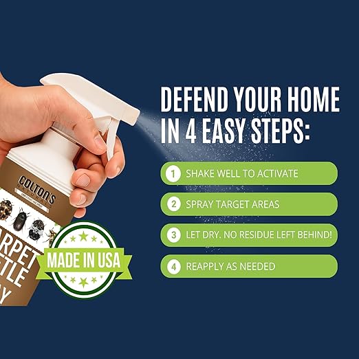 Carpet Beetle Spray – Carpet Beetle Killer for Eggs, Larvae & Adults – Indoor Home Pest Treatment for Rugs, Upholstery, Closets & Baseboards – Non-Staining, Pet & Family Safe Formula