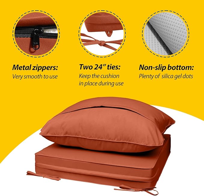 AAAAAcessories Outdoor Seat Cushions for Chairs, Fade-Resistant, Waterproof Patio Furniture Replacement Cushions, 22" x 22" x 3" + 22" x 17", Rust
