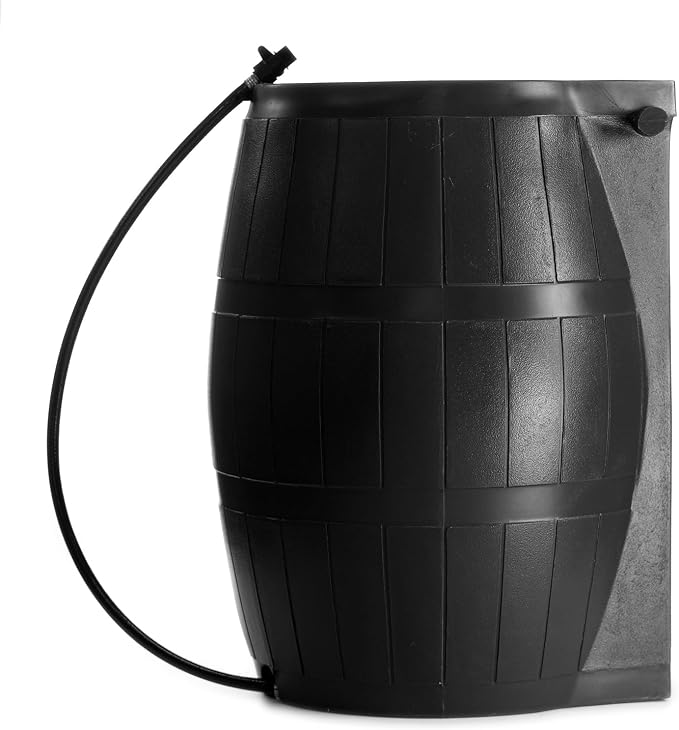 FCMP Outdoor Rain Barrel, Flat-Back Rainwater Catcher with Spigots, 50 Gallon, Black - Portable Water Storage Container Tank for Home, Garden, and Backyard