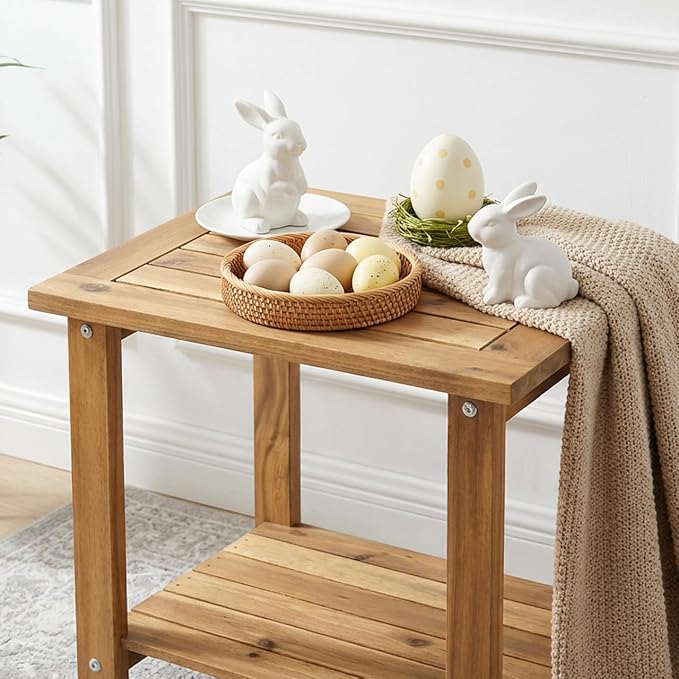 VICTORY RELAX Solid Acacia Wood Side Table with 2-Tier Storage, Weather-Resistant Outdoor Indoor End Table, Light Natural Rustic Color Night Stand