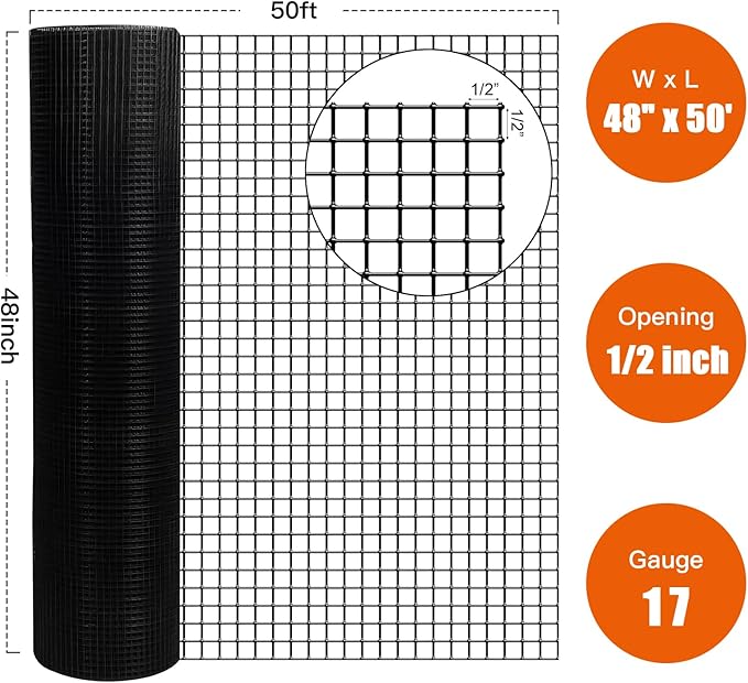 Zevemomo 48" x 50' 1/2inch Hardware Cloth, Black Vinyl Coated Chicken Wire Fence Welded Mesh Roll for Home Garden Rabbit Cage
