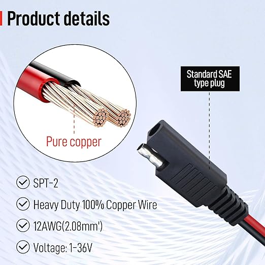 1 Foot 2-Pin 12AWG SAE Quick Connector Extension Cable, 12V SAE Connector Disconnect Power Plug, Single Plug Power Wire for Solar Panels, Motorcycle, Vehicle, Tractor Battery (5 PCS)