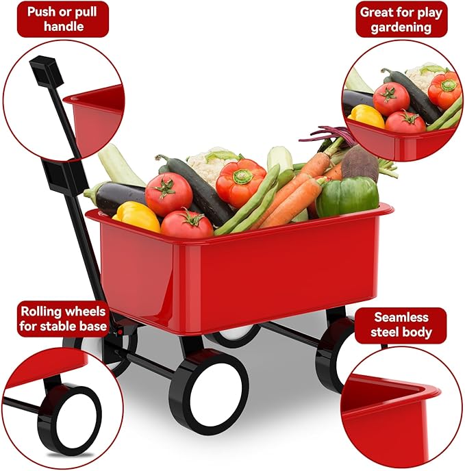 Qtioucp Kids Gardening Wheelbarrow Set, Metal & Wooden Garden Tools for Kids Ages 3-8, Real Wheelbarrows with Apron, Gloves & STEM Guide, Outdoor Backyard Garden Toy Gift