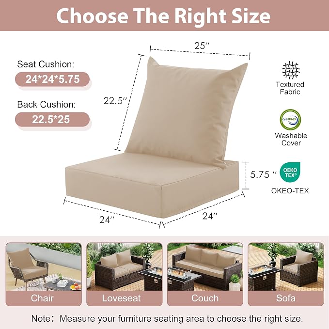 Outdoor Deep Seat Cushion Set, 24x24 Inch Water-Resistant & Fade-Resistant Outdoor Chair Cushions, Patio Furniture Cushions with Removable Cover for Patio Chair, Sofa, Beige (Set of 1)