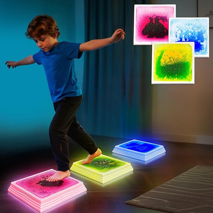 Light Up Stepping Stones for Kids Ages 3+, Sensory Stepping Stones with 7 Glow Colors & Liquid Motion, Non-Slip Indoor & Outdoor Toys for Toddler Balance & Motor Skills(3 Pack, Square)