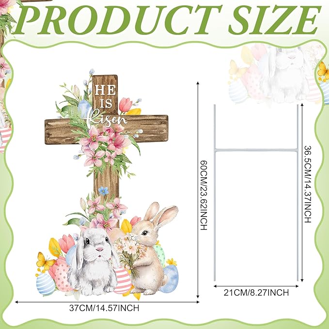 Weysat Easter Metal Yard Signs He Is Risen Cross Metal Decoration Outdoor 23.6 Inch Easter Rabbit Welcome Porch Sign Christian Yard Decorations with Stakes Waterproof for Home Garden Patio Lawn Party