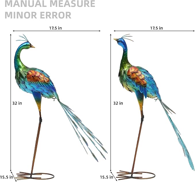 Oversized Peacock Decor Set of 2, 32" Outdoor Metal Yard Art | Hand-Painted Metal Peacock Sculpture. Weatherproof Garden Art for Lawn, Flower Beds, Patio, Backyard, or Indoor Home Decor.