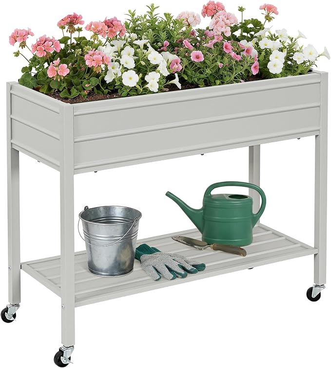 32" Tall Galvanized Raised Garden Bed with Legs Wheels & Shelf, Elevated Planter Box Outdoor for Vegetables, Herbs & Flowers, Patio & Backyard, Garden Bed with 400lb Capacity，Grey