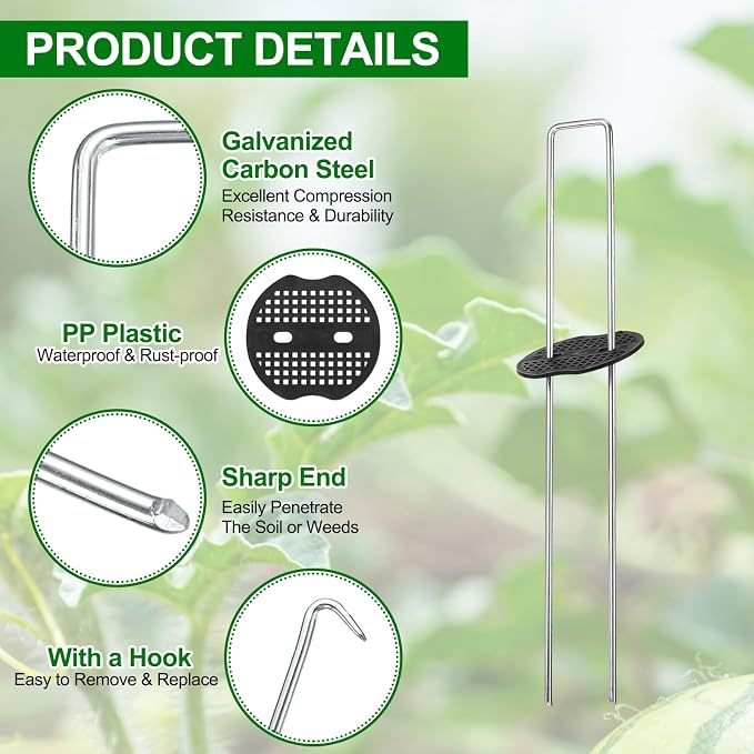 uxcell 25Pcs Garden Stakes, 12 Inch 8 Gauge Galvanized Landscape Staples U-Type Turf Stake Sod Pin Plant Stakes with Gasket&Hook for Landscaping Securing Weed Barrier Fabric, Silver
