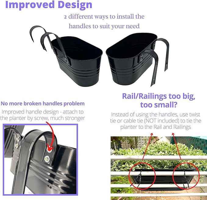 LaLaGreen Outdoor Plants Rail Planter (11.2 Inch, 10 Pack) Black Metal Iron Hanging Flower Pots Deck Railings Fence Buckets Modern Boho Style Wall Mount Window Box Plant Holder Hooks Porch Home Decor