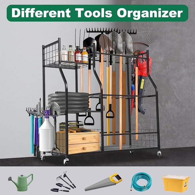FAHKNS Garden Tool Organizer Rolling Cart, Heavy Duty Garden Tool Storage Rack