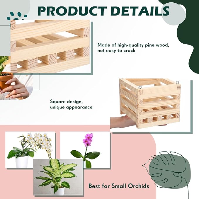 Briwooody 4 Pack Wooden Plant Hanger Set Including 6 Inch Strong Hanging Orchid Wooden Square Baskets and 24 Inch Wire Plant Hangers for Hanging Orchid Gardening Indoor Outdoor(Light Brown)